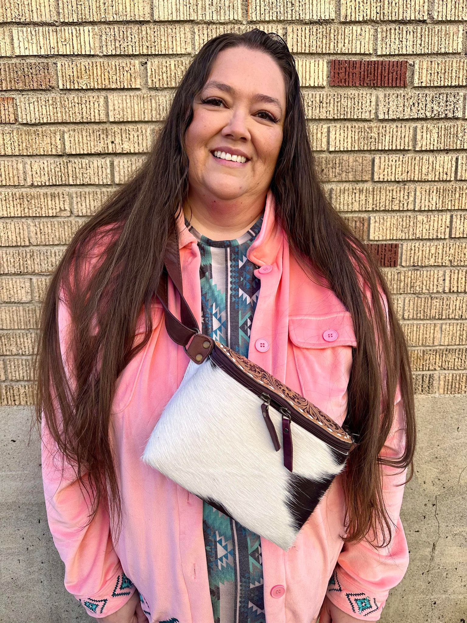 Tooled Leather & Cowhide Sling Bag Me Not